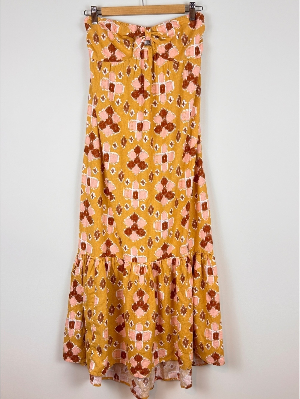 Aerie Strapless High Low Maxi Dress S Mustard Batik Linen Boho Tiered Sundress